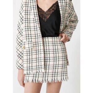 Maje Viarney Cotton Blend White Tweed Check Plaid Raw Hem Blazer Jacket 40 L